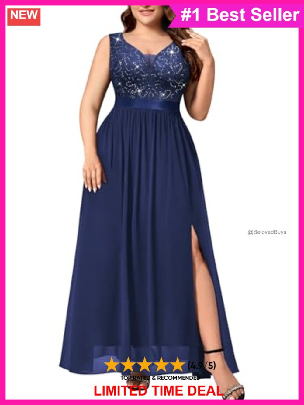 Plus Size V-Neck Sequin Lace Formal Prom Dress with Slit